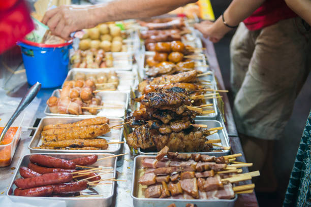 istock Skewer meat with wood stick for grilled 816122210