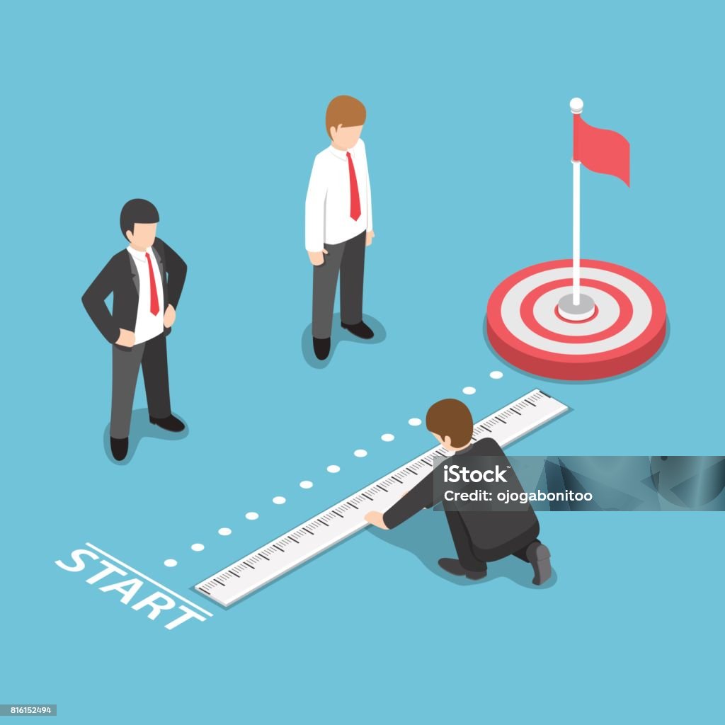 Isometric Businessman Measuring Distance Between Start Point and Target Flat 3d Isometric Businessman Measuring Distance Between Start Point and Target. Business Target Analysis Concept Isometric Projection stock vector