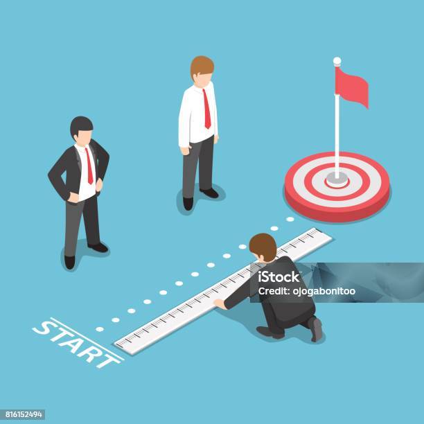 Isometric Businessman Measuring Distance Between Start Point And Target Stock Illustration - Download Image Now