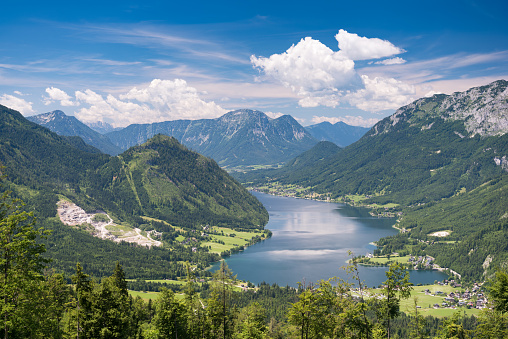 Panorama of the beautiful Lake Grundlsee in the middle auf the Austrian Alps. Nature Reserve. Steiermark. Ausseerland.