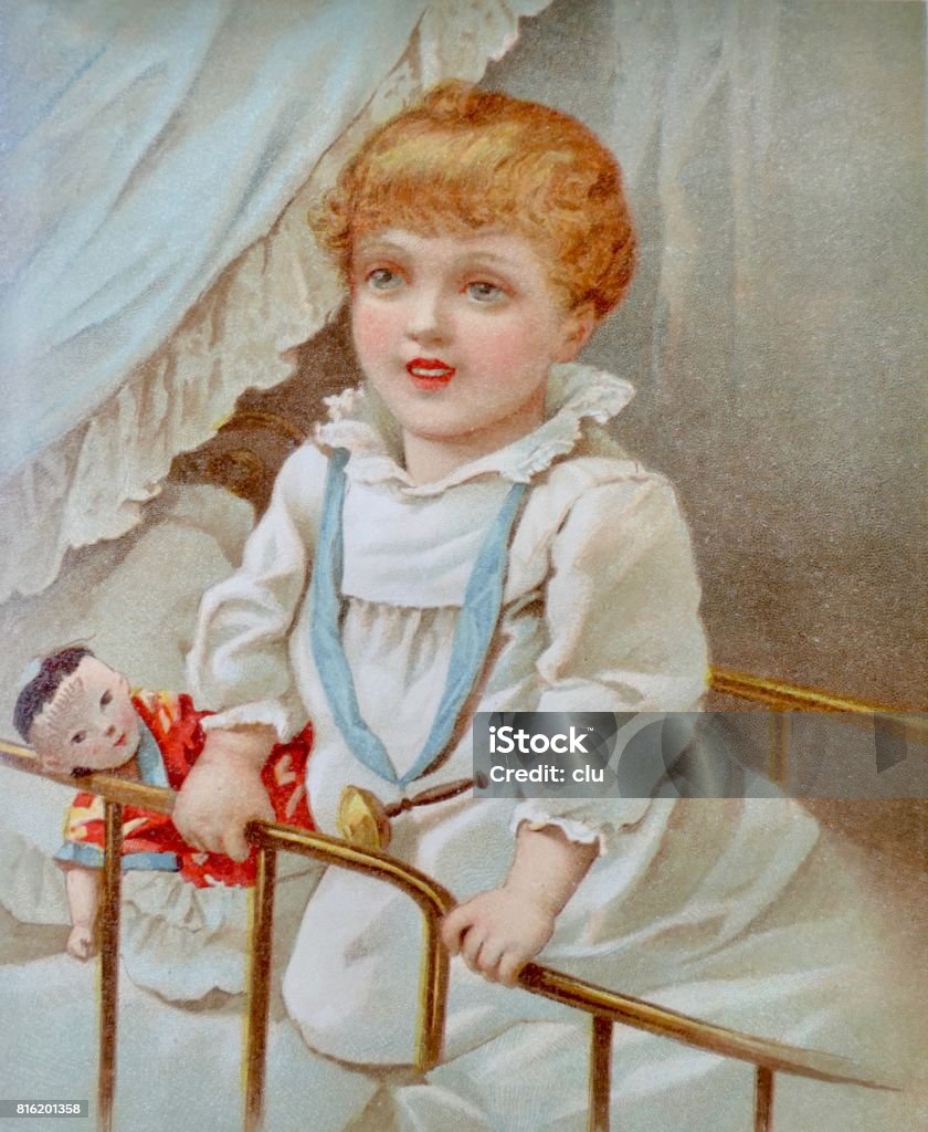 Girl in bed waking up holding at bed grid, puppet aside Illustration from 19th century Baby - Human Age stock illustration