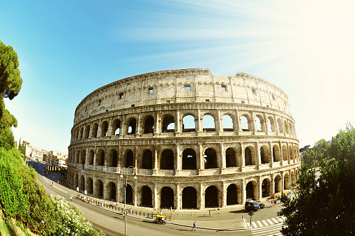ROME, ITALY, JULY 9, 2016: Colosseum in Rome taken by fish-eye lens, Italy