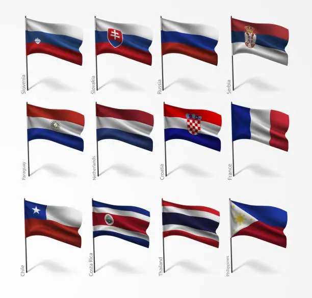 Vector illustration of Collection of flags of world on flagpole