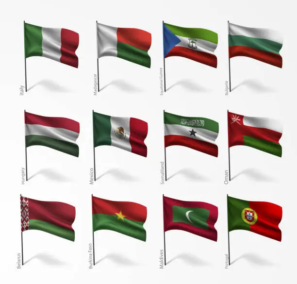 Vector illustration of Collection of flags of world on flagpole