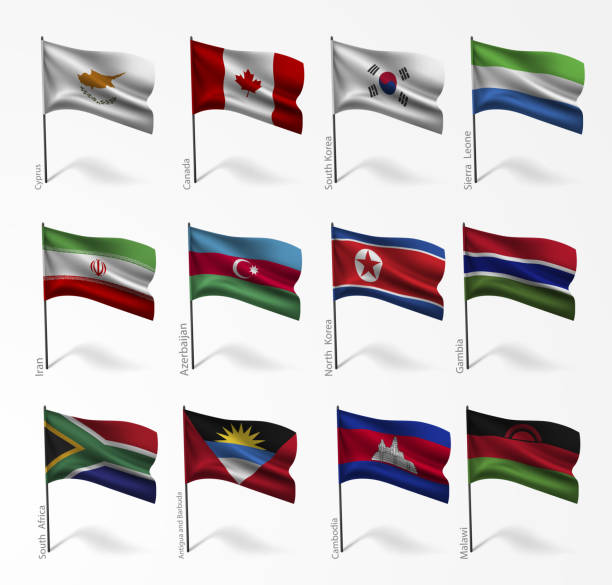 ilustrações de stock, clip art, desenhos animados e ícones de collection of flags of world on flagpole - federated