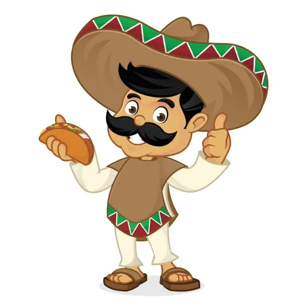 Vector illustration of Mexican man cartoon eating taco