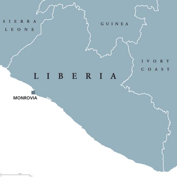 Liberia political map Liberia political map with capital Monrovia and international borders. Republic and country on the West African coast. Gray illustration isolated on white background. English labeling. Vector. monrovia liberia stock illustrations