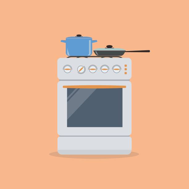 ilustrações de stock, clip art, desenhos animados e ícones de stove with pan and frying pan on an orange background - pan