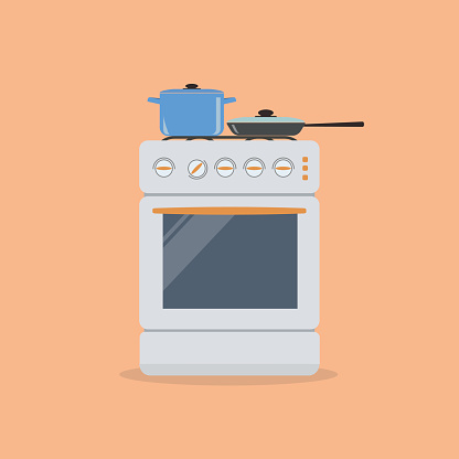 Stove with pan and frying pan on an orange background. Vector illustration.