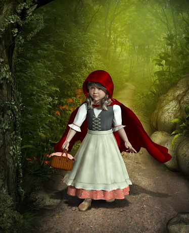 3D rendering of Little Red Riding Hood walking through an enchanted forest.