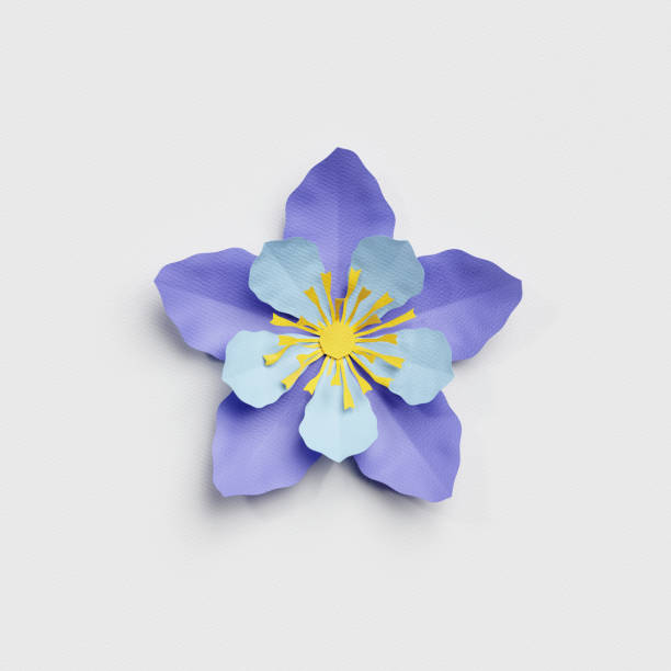 3d render, paper cut decor, blue flower, isolated botanical clip art element
