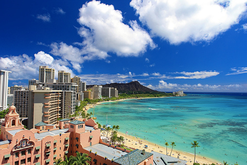 Aerial view of Waikiki Beach, diamond head and hotels in Honolulu, Hawaii Islands, USA.
