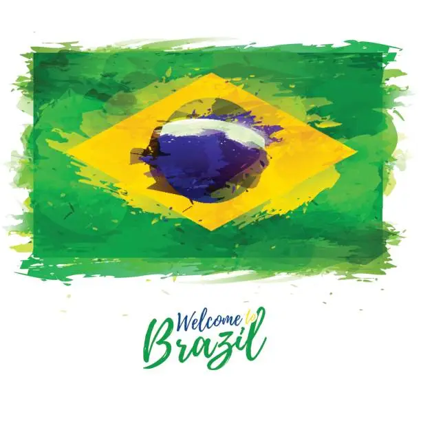 Vector illustration of Symbol, poster, banner Brazil. Flag of Brazil with the decoration of the national symbol and color. Style watercolor drawing.  Vector illustration