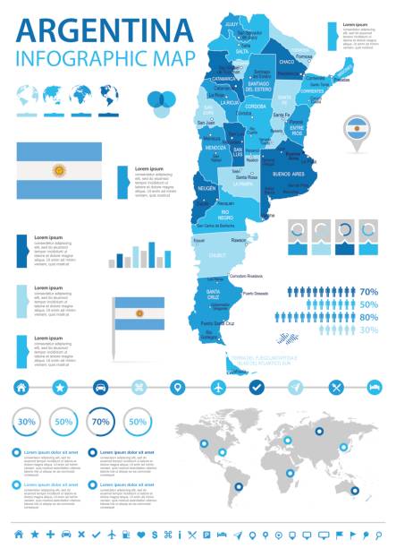 arjantin - infographic harita ve bayrak - illüstrasyon - argentina stock illustrations
