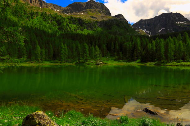 lac de turquoise pragser alpin (lago di braies), paysage idyllique près majestueuse vallée seekofel alpes, panorama spectaculaire de montagnes italiennes du sud tirol dolomites enneigées, italie - latemar mountain range photos photos et images de collection