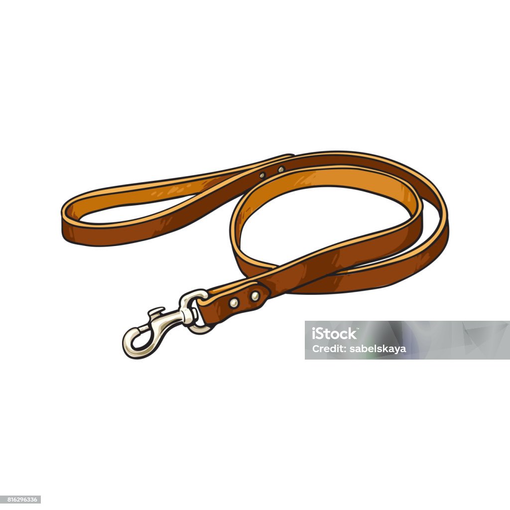 Simple pet, cat, dog brown leather leash with metal fastener Simple pet, cat, dog brown leather leash with metal fastener, sketch vector illustration isolated on white background. Hand drawn pet, dog leash, lead made of thick brown leather Pet Leash stock vector