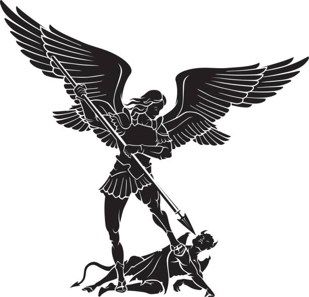 Archangel Michael Isolated vector illustration of Archangel defeating a demon. spiritual warfare stock illustrations