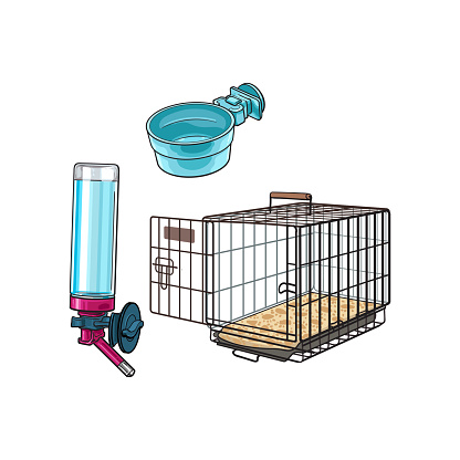 Metail wire pet travel carrier, feeding bowl and refillable drinker, sketch vector illustration isolated on white background. Hand drawn Metal wire cage, carrier, bowl, drinker for pet transportation