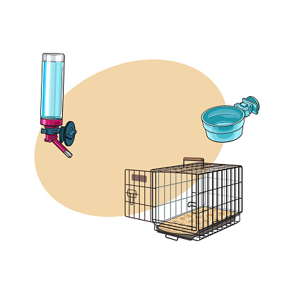 Metail wire pet travel carrier, feeding bowl and refillable drinker, sketch vector illustration with space for text. Hand drawn Metal wire cage