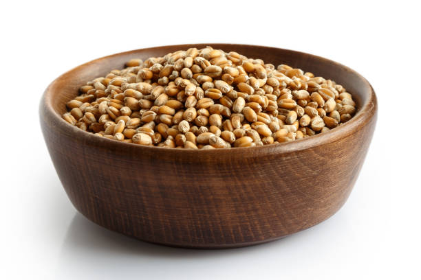 istock Winter wheat kernels in dark wooden bowl isolated on white. 816320862