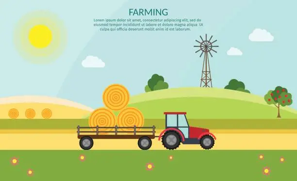 Vector illustration of Tractor vector farm elements and ecology nature background