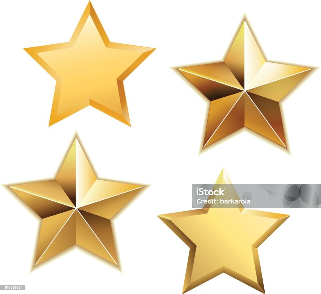 Векторный набор реалистичных металлических золотых звезд, изолированных на белом фоне. - Векторная графика Форма звезды роялти-фри