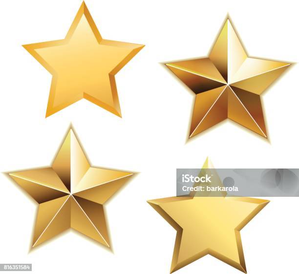Векторный Набор Реалистичных Металлических Золотых Звезд Изолированных На Белом Фоне — стоковая векторная графика и другие изображения на тему Форма звезды