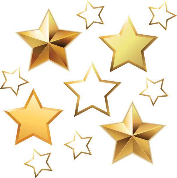 Vector set of realistic metallic golden stars isolated on white background. - ilustração de arte vetorial