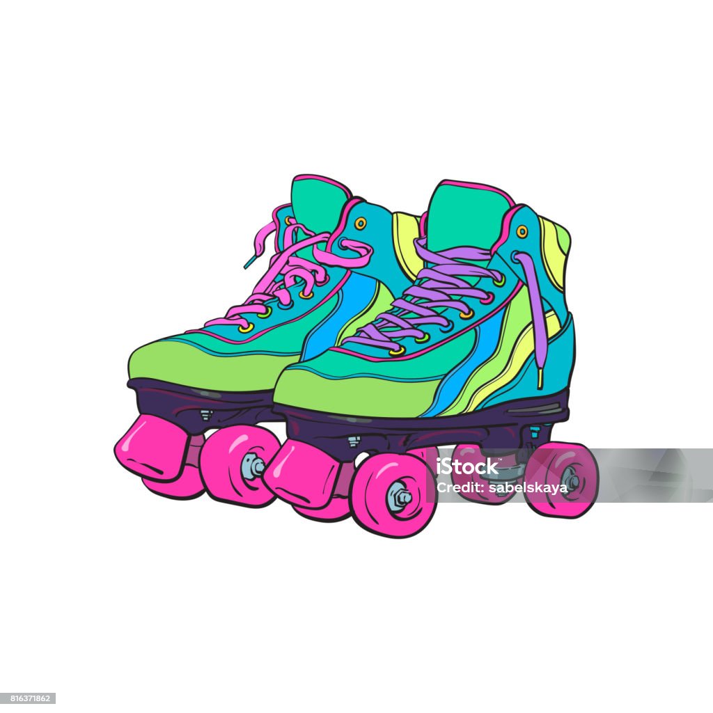 Paire de vintage, retro quad patins à roulettes, illustration de style d’esquisse - clipart vectoriel de Patins à roulettes libre de droits