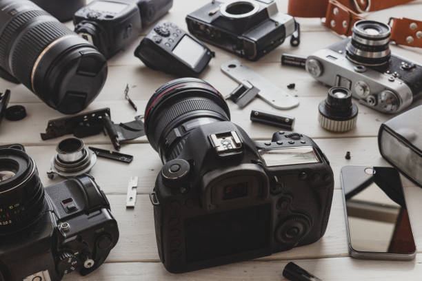 istock Vintage Film Camera, Digital Camera And Smartphone Technology Development Concept. Closeup 816372018