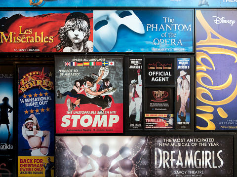 A collection of theatre posters on a wall in London, for various productions which could be seen in theatres in London’s West End, or “Theatreland” as it is also known. The display included posters for “Les Miserables”, “The Phantom of the Opera”, “Stomp”, “Dreamgirls” and “Aladdin”.