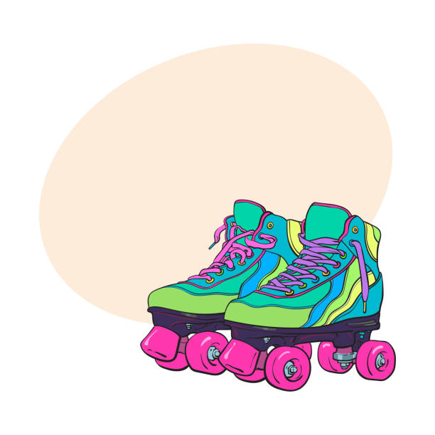 illustrations, cliparts, dessins animés et icônes de paire de vintage, retro quad patins à roulettes, illustration de style d’esquisse - faire du patin à roulettes