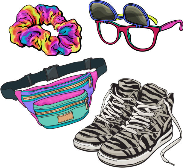 Set of retro pop culture items from 90s Retro pop culture items from 90s - scrunchie, sunglasses with removable lenses, zebra sneakers and waist pack, sketch illustration isolated on white background. Realistic hand drawn set of 90s items 1990s style stock illustrations