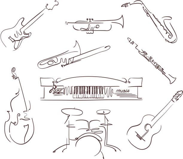 zestaw symboli instrumentów muzycznych w stylu sztuki liniowej. wektor - saksofon stock illustrations