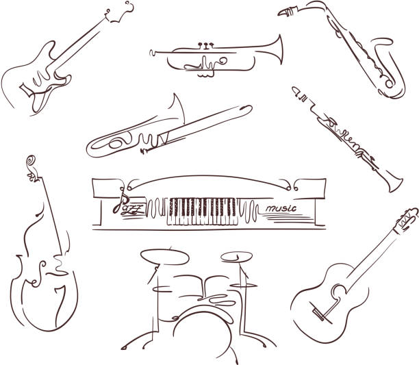 set of musical instruments symbols in line art style. vector set of musical instruments symbols in line art style. vector drum line stock illustrations