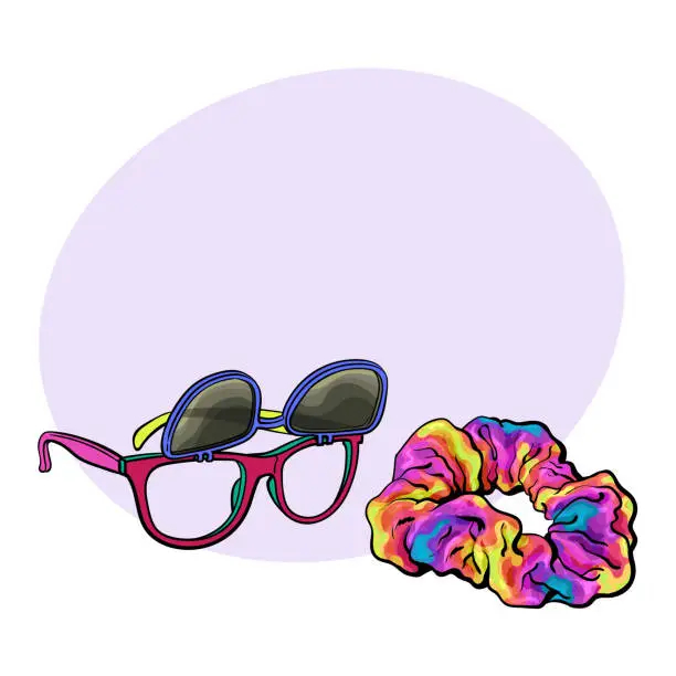 Vector illustration of Personal items from 90s - sunglasses with removable lenses and scrunchie