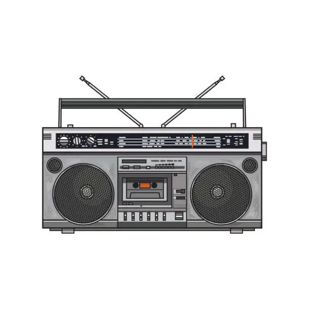 Vector illustration of Retro style audio tape recorder, ghetto boom box from 90s