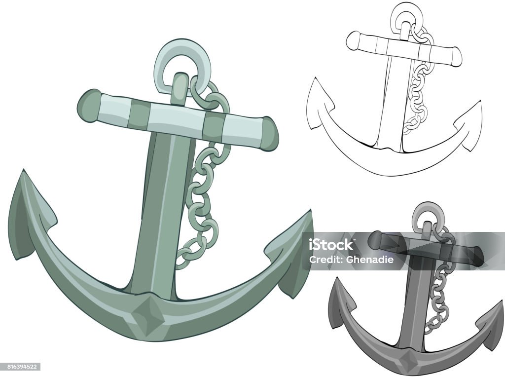 anchor with chain. cartoon vector illustration. grayscale and coloring versions included Anchor - Vessel Part stock vector