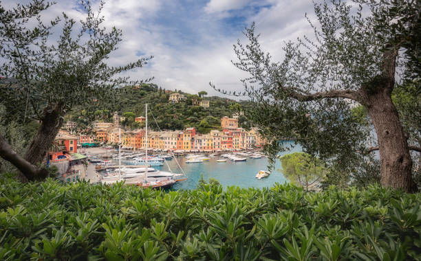 Beautiful sea coast with colorful houses in Portofino, Italy. stock photo
