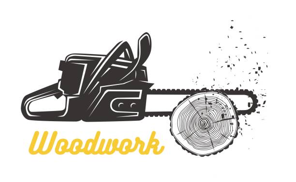 Woodworking. Chainsaw icon template. Black and white vector objects chainsaw stock illustrations