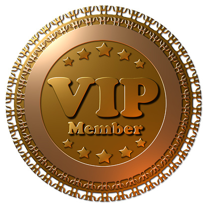 A 3D VIP Member Graphic seal or icon.  Golden  Metallic seal or button with golden stars and text