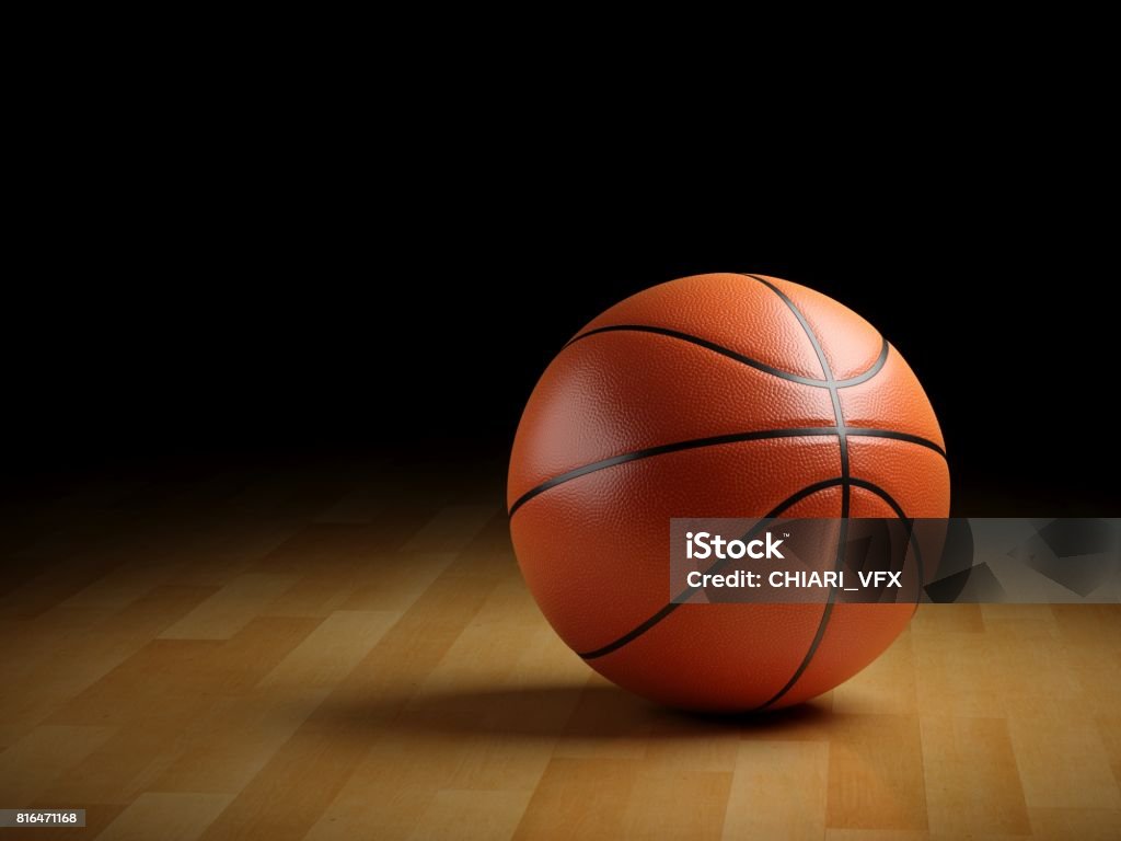Bola de baloncesto 3D rendering en piso de madera - Foto de stock de Pelota de baloncesto libre de derechos
