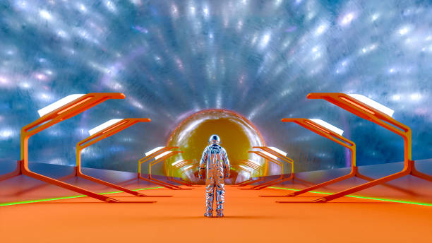 istock Astronaut walking on skybridge towards alien portal 816471614