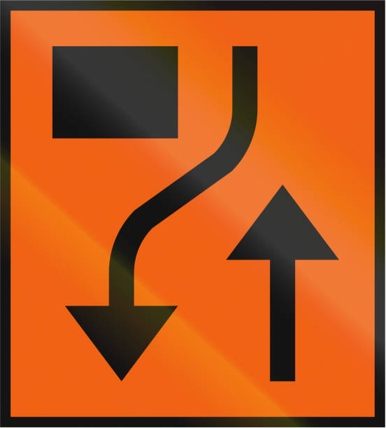 istock Road sign used in Sweden - Temporary sign, oncoming traffic merges with this lane 816473796
