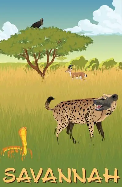 Vector illustration of African savannah with hyenna, cobra and gazelle - vector illustration