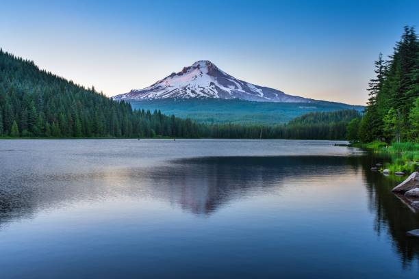 Reflection of Mount Hood on Trillium Lake at Sunset stock photo