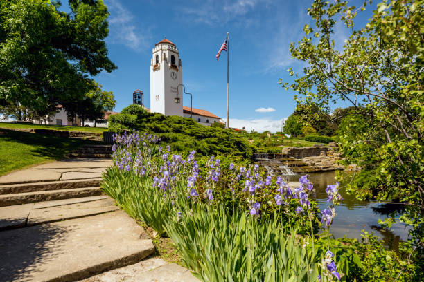 istock Purple Iris flowers and a public train depot in summer 816532806
