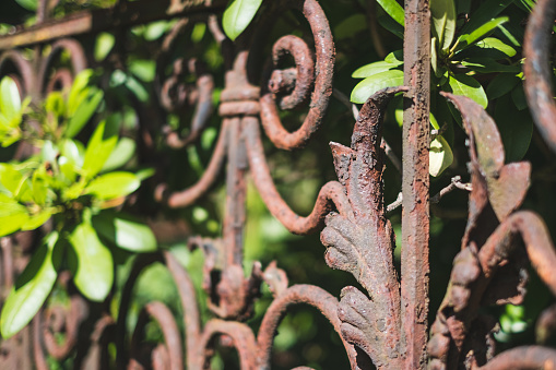 old rusted fence - rusty railing, wrought metal balustrade