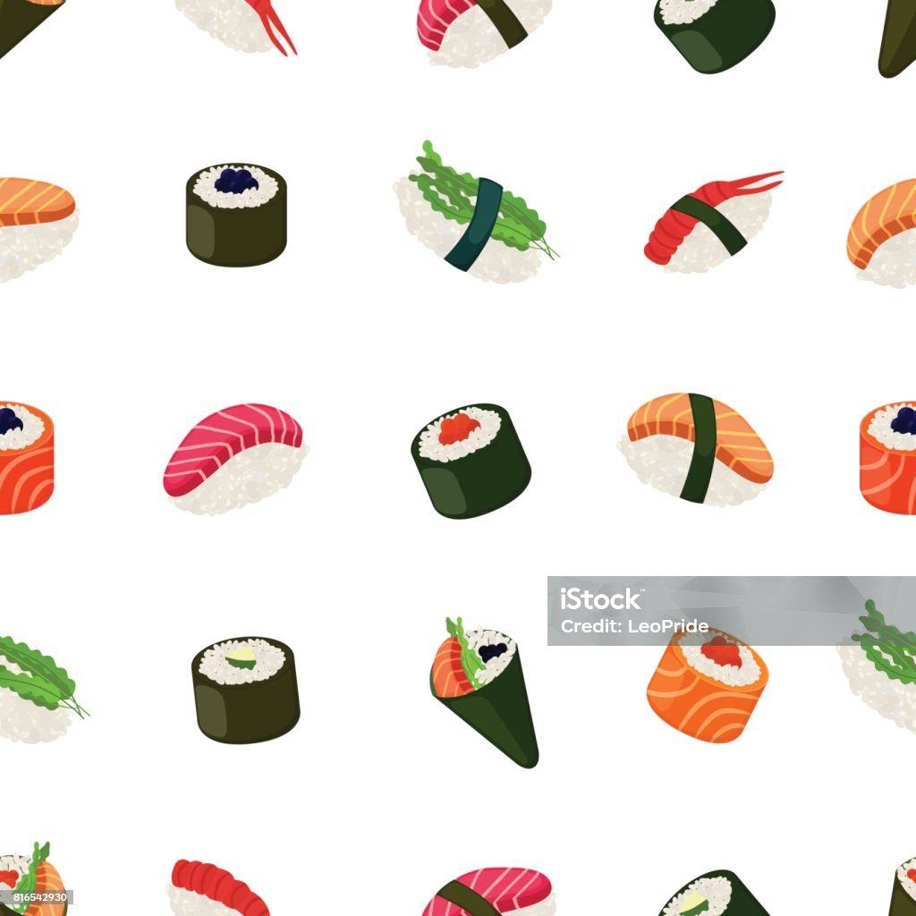 Sushi seamless pattern - asian food with fish, rice, seaweed, caviar Sushi seamless pattern - asian food with fish, rice, seaweed, caviar. Made in cartoon flat style. Vector illustration Sushi stock vector