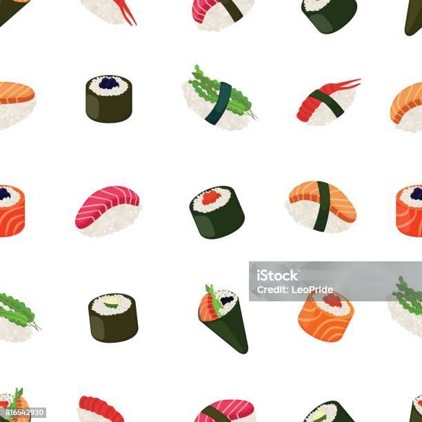 Sushi Seamless Pattern Asian Food With Fish Rice Seaweed Caviar Stock Illustration - Download Image Now